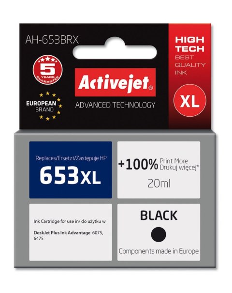 Activejet AH-653BRX Tusz (zamiennik HP 653XL 3YM75AE; Premium; 720 stron; 20 ml, czarny) Activejet AH-653BRX Tusz (zamiennik HP 653XL 3YM75AE; Premium; 720 stron; 20 ml, czarny)