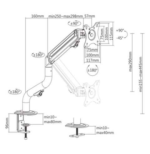 GEMBIRD BIURKOWE REGULOWANE RAMIĘ/UCHWYT NA MONITOR 17-32, VESA 100X100MM, DO 8 KG GEMBIRD BIURKOWE REGULOWANE RAMIĘ/UCHWYT NA MONITOR 17-32, VESA 100X100MM, DO 8 KG