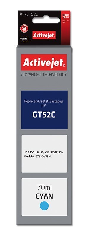 Activejet AH-GT52C Tusz (zamiennik HP GT52C M0H54AE; Supreme; 70 ml; 8000 stron, niebieski) Activejet AH-GT52C Tusz (zamiennik HP GT52C M0H54AE; Supreme; 70 ml; 8000 stron, niebieski)