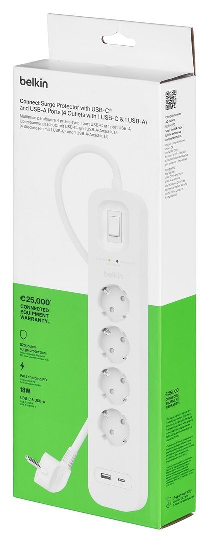 BELKIN LISTWA ZASILAJĄCA 4-PORT + 1XUSB-A, 1XUSB-C 525J BELKIN LISTWA ZASILAJĄCA 4-PORT + 1XUSB-A, 1XUSB-C 525J