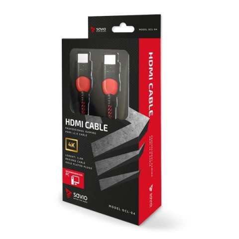 Kabel SAVIO GCL-04 (HDMI M - HDMI M; 3m; kolor czarno-czerwony) Kabel SAVIO GCL-04 (HDMI M - HDMI M; 3m; kolor czarno-czerwony)
