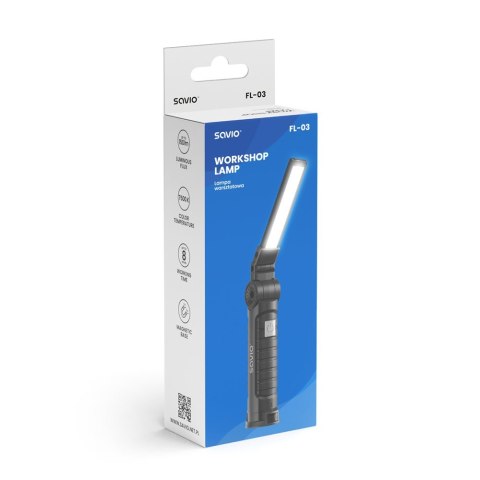 SAVIO LAMPA WARSZTATOWA AKUMULATOROWA COB LED 3W, USB, 150 LM, SKŁADANA, Z MAGNESEM, FL-03 SAVIO LAMPA WARSZTATOWA AKUMULATOROWA COB LED 3W, USB, 150 LM, SKŁADANA, Z MAGNESEM, FL-03