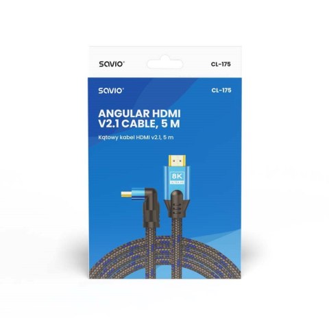 SAVIO KABEL HDMI (M) V2.1, KĄTOWY, 5M, 8K, MIEDŹ, NIEBIESKO-CZARNY, ZŁOTE KOŃCÓWKI, ETHERNET/3D CL-175 SAVIO KABEL HDMI (M) V2.1, KĄTOWY, 5M, 8K, MIEDŹ, NIEBIESKO-CZARNY, ZŁOTE KOŃCÓWKI, ETHERNET/3D CL-175