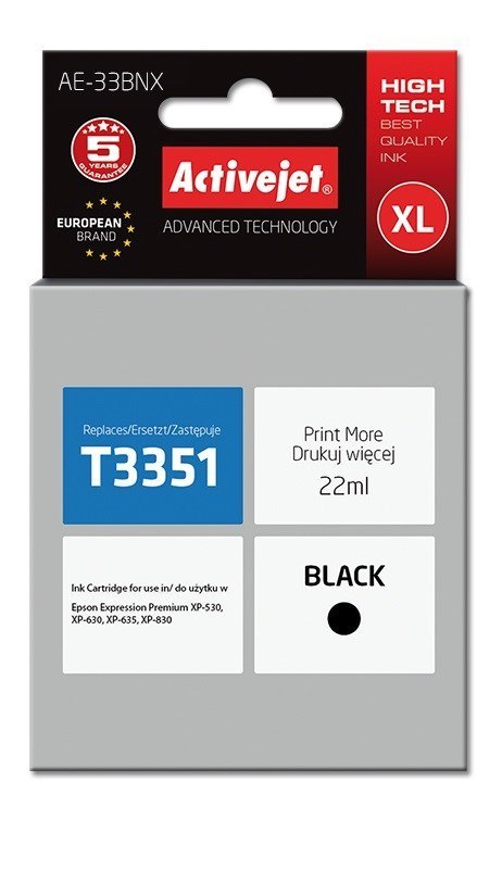 Activejet AE-33BNX Tusz (zamiennik Epson 33XL T3351; Supreme; 22 ml; czarny) Activejet AE-33BNX Tusz (zamiennik Epson 33XL T3351; Supreme; 22 ml; czarny)