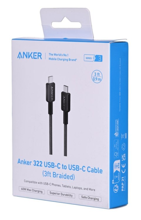 Kabel Anker 322 USB-C do USB-C 0.9m czarny Kabel Anker 322 USB-C do USB-C 0.9m czarny