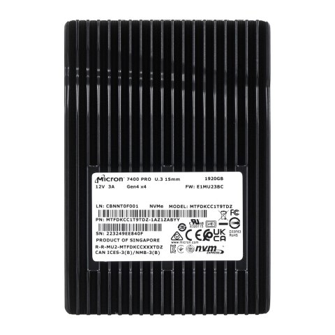 Dysk SSD Micron 7400 PRO 1.92TB U.3 (15mm) NVMe Gen4 MTFDKCC1T9TDZ-1AZ1ZABYY (DWPD 1) Tray Dysk SSD Micron 7400 PRO 1.92TB U.3 (15mm) NVMe Gen4 MTFDKCC1T9TDZ-1AZ1ZABYY (DWPD 1) Tray