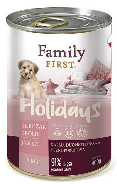 FAMILY FIRST Holidays Junior Kurczak, królik, jabłko - mokra karma dla psa - 400 g FAMILY FIRST Holidays Junior Kurczak, królik, jabłko - mokra karma dla psa - 400 g