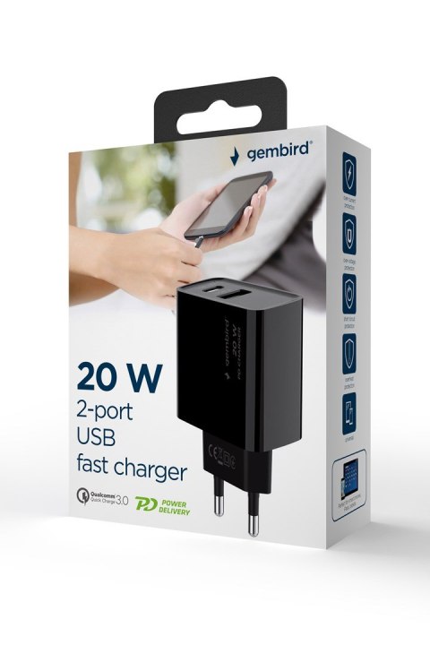 GEMBIRD 2-PORTOWA SZYBKA ŁADOWARKA SIECIOWA POWER DELIVERY USB TYP-C, 20W, CZARNA GEMBIRD 2-PORTOWA SZYBKA ŁADOWARKA SIECIOWA POWER DELIVERY USB TYP-C, 20W, CZARNA