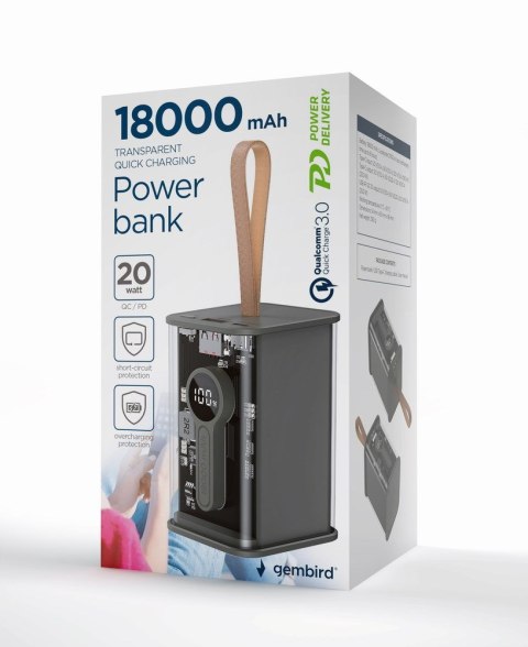 GEMBIRD POWERBANK 18000 MAH TRANSPARENTNY, SZYBKIE ŁADOWANIE QC3.0, 18000 MAH, CZARNY GEMBIRD POWERBANK 18000 MAH TRANSPARENTNY, SZYBKIE ŁADOWANIE QC3.0, 18000 MAH, CZARNY