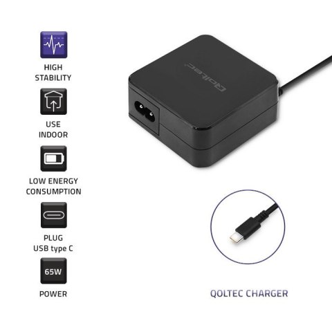 QOLTEC ZASILACZ SIECIOWY 65W | 5-20.3V | 2-3.25A | USB TYP C | PD QOLTEC ZASILACZ SIECIOWY 65W | 5-20.3V | 2-3.25A | USB TYP C | PD