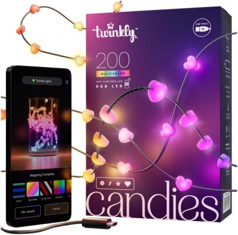 Twinkly Candies - 200 Lampki w kształcie serc RGB LEDs, zielony przewód, USB-C Twinkly Candies - 200 Lampki w kształcie serc RGB LEDs, zielony przewód, USB-C