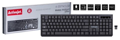 Activejet K-3911W Klawiatura bezprzewodowa czarna zasilanie baterią 1x 1,5V AAA Activejet K-3911W Klawiatura bezprzewodowa czarna zasilanie baterią 1x 1,5V AAA