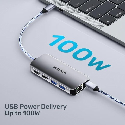 UNITEK AKTYWNY HUB USB-C 2X HDMI, CZYTNIK SD, 4K, RJ-45, PD 100W, 5 GBPS UNITEK AKTYWNY HUB USB-C 2X HDMI, CZYTNIK SD, 4K, RJ-45, PD 100W, 5 GBPS