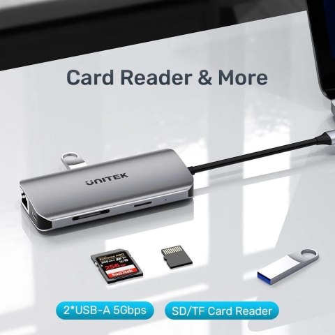 UNITEK AKTYWNY HUB USB-C 2X HDMI, CZYTNIK SD, 4K, RJ-45, PD 100W, 5 GBPS UNITEK AKTYWNY HUB USB-C 2X HDMI, CZYTNIK SD, 4K, RJ-45, PD 100W, 5 GBPS