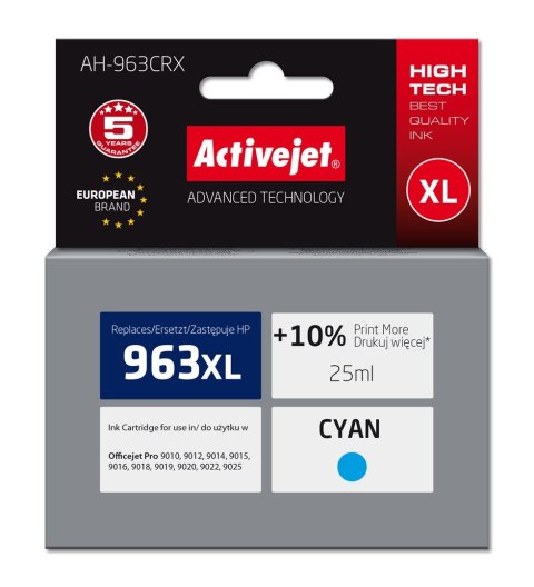 Activejet AH-963CRX Tusz (zamiennik HP 963XL 3JA27AE; Premium; 1760 stron; 25 ml, niebieski) Activejet AH-963CRX Tusz (zamiennik HP 963XL 3JA27AE; Premium; 1760 stron; 25 ml, niebieski)