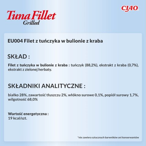INABA Grilled Tuna Tuńczyk w bulionie o smaku kraba - przysmak dla kota - 15 g INABA Grilled Tuna Tuńczyk w bulionie o smaku kraba - przysmak dla kota - 15 g
