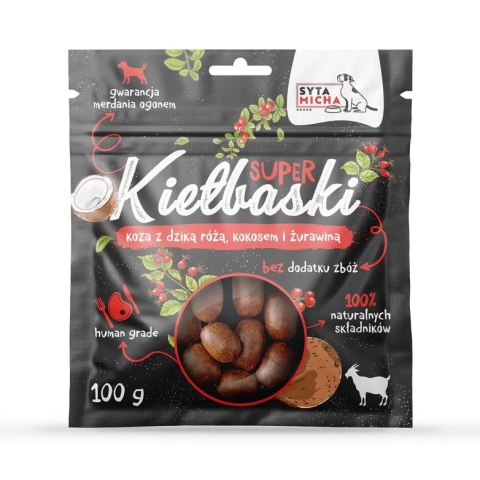 SYTA MICHA - Kiełbaski Koza z dziką różą, kokosem i żurawiną - przysmak dla psa -100g SYTA MICHA - Kiełbaski Koza z dziką różą, kokosem i żurawiną - przysmak dla psa -100g