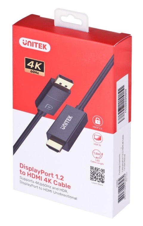 UNITEK ADAPTER KABEL DP 1.2 - HDMI, 4K 60HZ, 1,9M UNITEK ADAPTER KABEL DP 1.2 - HDMI, 4K 60HZ, 1,9M