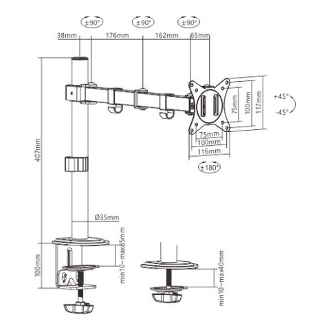GEMBIRD BIURKOWE REGULOWANE RAMIĘ/UCHWYT NA MONITOR 17-32, VESA 100X100MM, DO 9KG GEMBIRD BIURKOWE REGULOWANE RAMIĘ/UCHWYT NA MONITOR 17-32, VESA 100X100MM, DO 9KG