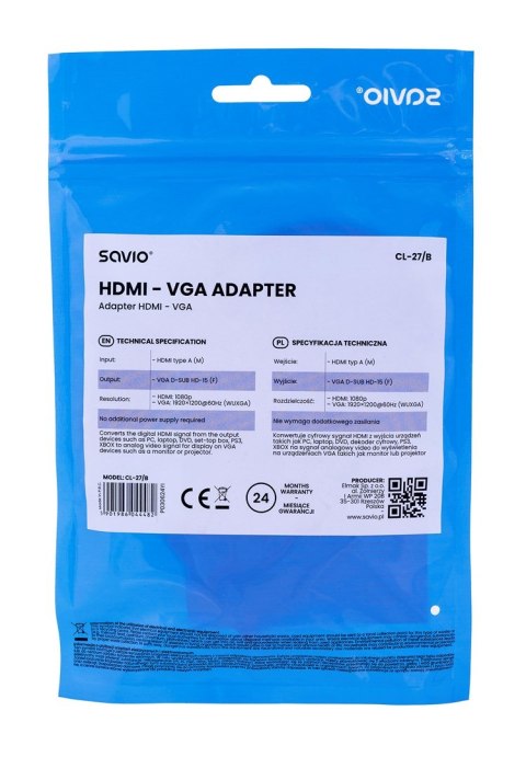 Adapter SAVIO CL-27/B (HDMI M - D-Sub (VGA) F; 0,10m; kolor biały) Adapter SAVIO CL-27/B (HDMI M - D-Sub (VGA) F; 0,10m; kolor biały)