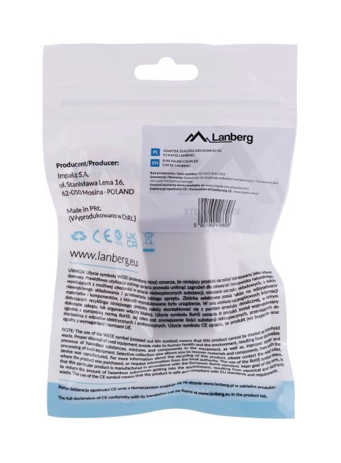 LANBERG ZŁĄCZKA SIECIOWA PRZELOTKA 2X RJ45 KAT.5E UTP AD-RJ45-RJ45-OU5 LANBERG ZŁĄCZKA SIECIOWA PRZELOTKA 2X RJ45 KAT.5E UTP AD-RJ45-RJ45-OU5