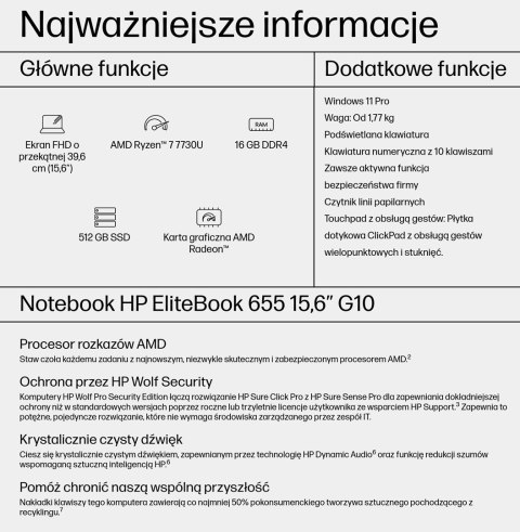 HP EliteBook 655 G10 Ryzen 7 7730U 15.6"FHD 250nits 16GB DDR4 SSD512 RX Vega 8 W11Pro 3Y OnSite HP EliteBook 655 G10 Ryzen 7 7730U 15.6"FHD 250nits 16GB DDR4 SSD512 RX Vega 8 W11Pro 3Y OnSite
