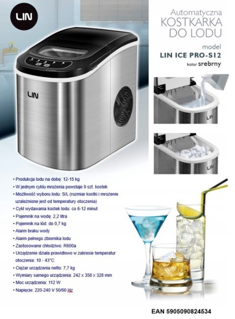 Kostkarka do lodu LIN ICE PRO-S12 srebrna (WYPRZEDAŻ) Kostkarka do lodu LIN ICE PRO-S12 srebrna (WYPRZEDAŻ)