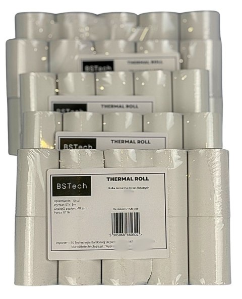 BSTech Papier, rolka termiczna do kas fiskalnych 57x15m 10 sztuk BSTech Papier, rolka termiczna do kas fiskalnych 57x15m 10 sztuk