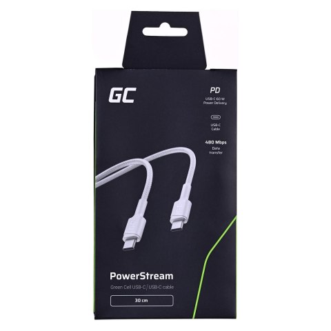 GREEN CELL KABEL KABGC31W GC POWERSTREAM USB-C - USB-C 30CM, POWER DELIVERY 60W, ULTRA CHARGE, QC 3.0, BIAŁY GREEN CELL KABEL KABGC31W GC POWERSTREAM USB-C - USB-C 30CM, POWER DELIVERY 60W, ULTRA CHARGE, QC 3.0, BIAŁY