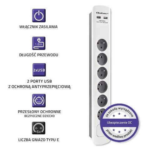 QOLTEC LISTWA ZASILAJĄCA ANTYPRZEPIĘCIOWA | 6 GNIAZD | 2 X USB | 1.8M | BIAŁO-SZARA QOLTEC LISTWA ZASILAJĄCA ANTYPRZEPIĘCIOWA | 6 GNIAZD | 2 X USB | 1.8M | BIAŁO-SZARA