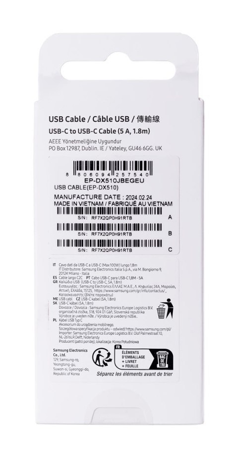 Samsung 1.8m Cable (5A), Black Samsung 1.8m Cable (5A), Black
