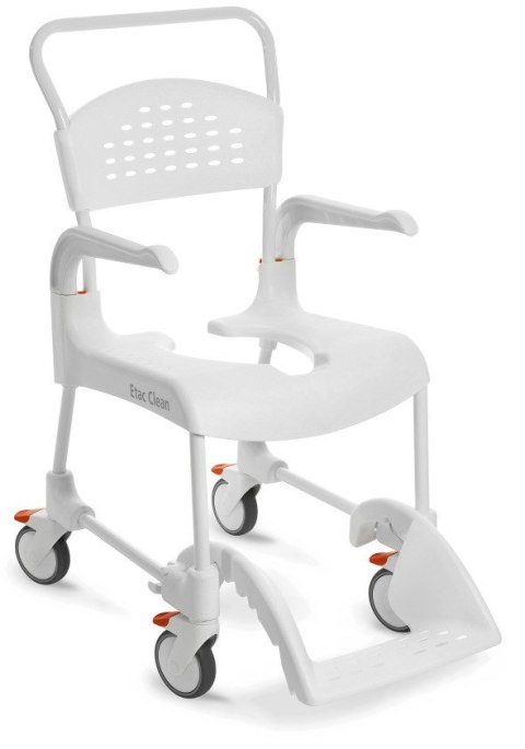 Etac Clean wózek toaletowo-prysznicowy zregulacją wysokości siedziska (47,5 do 60cm)- 4 hamulce, kol. śnieżny biały Etac Clean wózek toaletowo-prysznicowy zregulacją wysokości siedziska (47,5 do 60cm)- 4 hamulce, kol. śnieżny biały