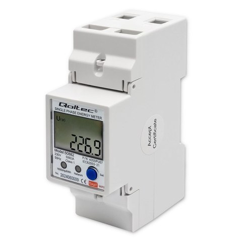 QOLTEC LICZNIK ENERGII JEDNOFAZOWY ELEKTRONICZNY NA SZYNĘ DIN | 230V | LCD | WI-FI QOLTEC LICZNIK ENERGII JEDNOFAZOWY ELEKTRONICZNY NA SZYNĘ DIN | 230V | LCD | WI-FI