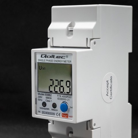 QOLTEC LICZNIK ENERGII JEDNOFAZOWY ELEKTRONICZNY NA SZYNĘ DIN | 230V | LCD | WI-FI QOLTEC LICZNIK ENERGII JEDNOFAZOWY ELEKTRONICZNY NA SZYNĘ DIN | 230V | LCD | WI-FI