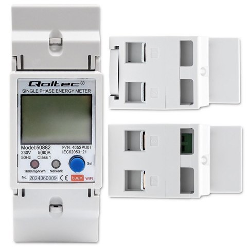QOLTEC LICZNIK ENERGII JEDNOFAZOWY ELEKTRONICZNY NA SZYNĘ DIN | 230V | LCD | WI-FI QOLTEC LICZNIK ENERGII JEDNOFAZOWY ELEKTRONICZNY NA SZYNĘ DIN | 230V | LCD | WI-FI