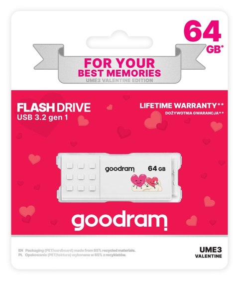 Pendrive GoodRam UME3-0640W0R11-V (64GB; USB 3.0; kolor biały) VALENTINE Pendrive GoodRam UME3-0640W0R11-V (64GB; USB 3.0; kolor biały) VALENTINE