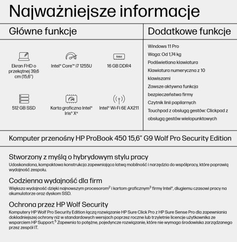 HP ProBook 450 G9 i7-1255U 15,6" 250nits AG 16GB DDR4 3200 SSD512 Intel Iris Xe W11Pro 3Y (WYPRZEDAŻ) HP ProBook 450 G9 i7-1255U 15,6" 250nits AG 16GB DDR4 3200 SSD512 Intel Iris Xe W11Pro 3Y (WYPRZEDAŻ)