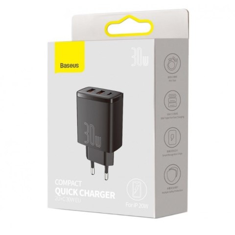 BASEUS ŁADOWARKA SIECIOWA 2XUSB, USB-C (CZARNA) BASEUS ŁADOWARKA SIECIOWA 2XUSB, USB-C (CZARNA)