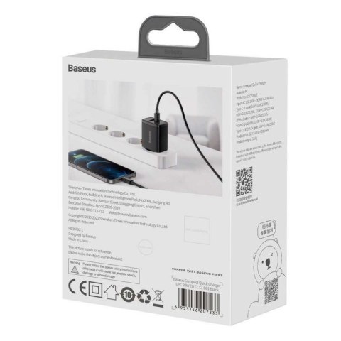 BASEUS ŁADOWARKA SIECIOWA USB, USB-C (CZARNA) BASEUS ŁADOWARKA SIECIOWA USB, USB-C (CZARNA)