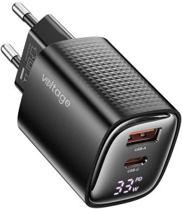 VOLTAGE Ładowarka sieciowa Voltage GaN Charger Mini 33W PD 3.0 QC 3.0 USB-A USB-C Digital Display czarna