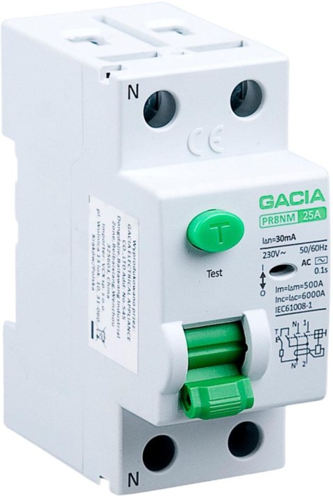 GACIA Wyłącznik różnicowoprądowy 6kA 2P 25A 30mA typ: AC GACIA PR8NM 2P 25A 30MA AC
