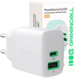 GREEN CELL ŁADOWARKA SIECIOWA Greencell PowerSource Duo30 30W 1xUSB-C 1xUSB-A PD 3.0 QC 4.0+ biała
