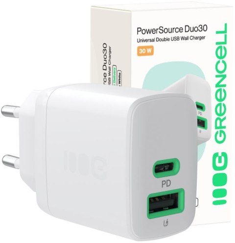 GREEN CELL ŁADOWARKA SIECIOWA Greencell PowerSource Duo30 30W 1xUSB-C 1xUSB-A PD 3.0 QC 4.0+ biała