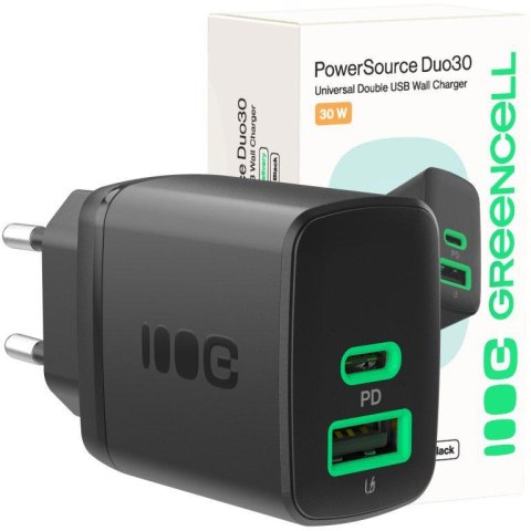 GREEN CELL ŁADOWARKA SIECIOWA Greencell PowerSource Duo30 30W 1xUSB-C 1xUSB-A PD 3.0 QC 4.0+ czarna