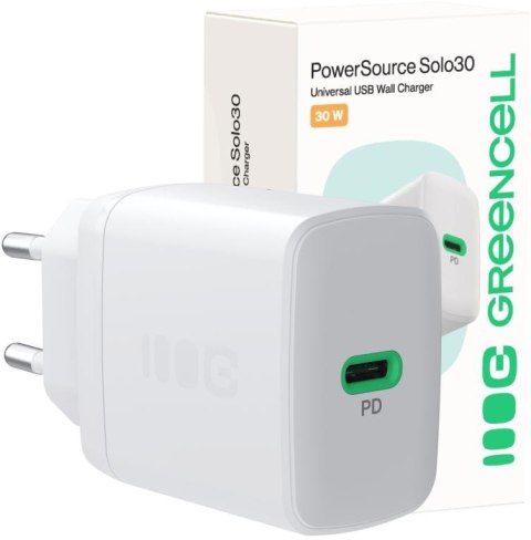 GREEN CELL ŁADOWARKA SIECIOWA Greencell PowerSource Solo30 30W 1xUSB-C PD 3.0 QC 4.0+ biała