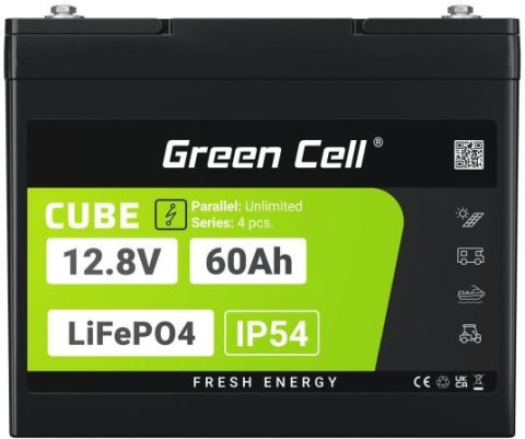 GREEN CELL AKUMULATOR LITOWO-ŻELAZOWO-FOSFORANOWY LiFePO4 Green Cell Cube 12.8V 60Ah LFPGC12V60AH