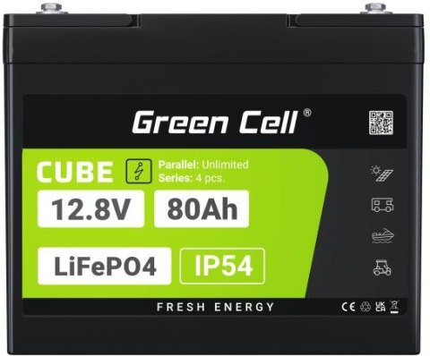 GREEN CELL AKUMULATOR LITOWO-ŻELAZOWO-FOSFORANOWY LiFePO4 Green Cell Cube 12.8V 80Ah LFPGC12V80AH