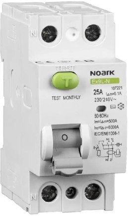 NOARK WYŁĄCZNIK RÓŻNICOWOPRĄDOWY, 6 KA, 25A, 30MA, 2P TYP AC EX9L-N Noark 108314