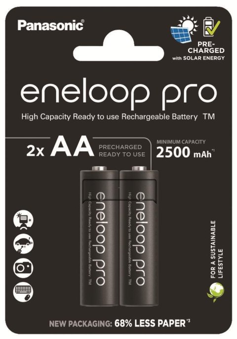 PANASONIC Akumulatorki R6 / AA Panasonic Eneloop PRO 2500mAh Ni-MH BK-3HCDE/2BE (blister 2 szt.)