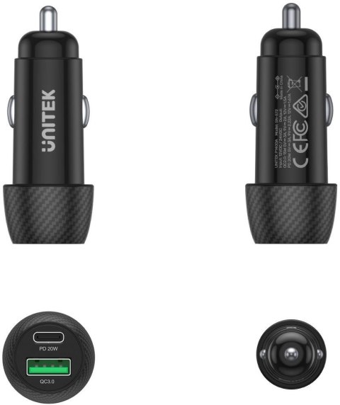 UNITEK Unitek Ładowarka samochodowa 38W USB-A USB-C QC3..0